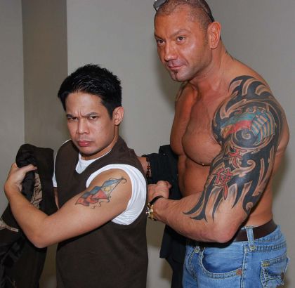 Dave Batista Kanji And Flag Tattoo